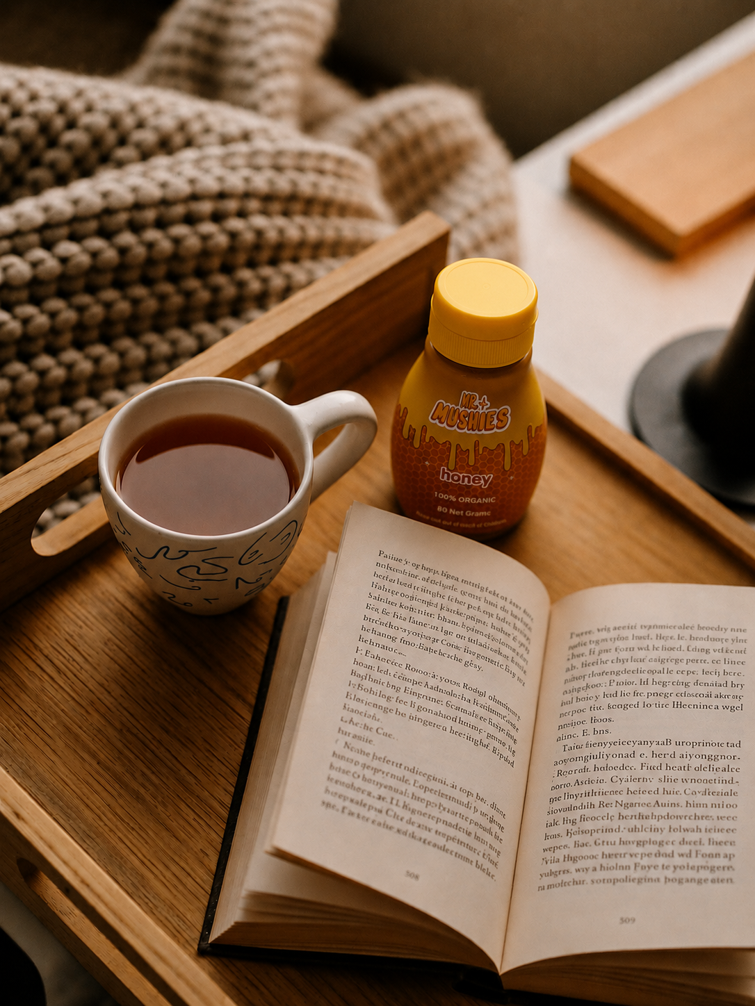 Wooden tray with steaming mug of tea, open book, knit blanket, and honey jar