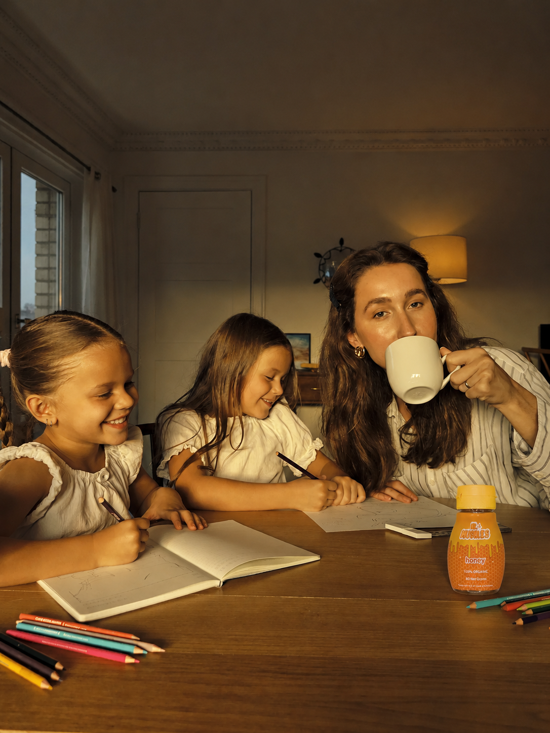 The same mom, calm, sipping tea while her kids draw beside her
