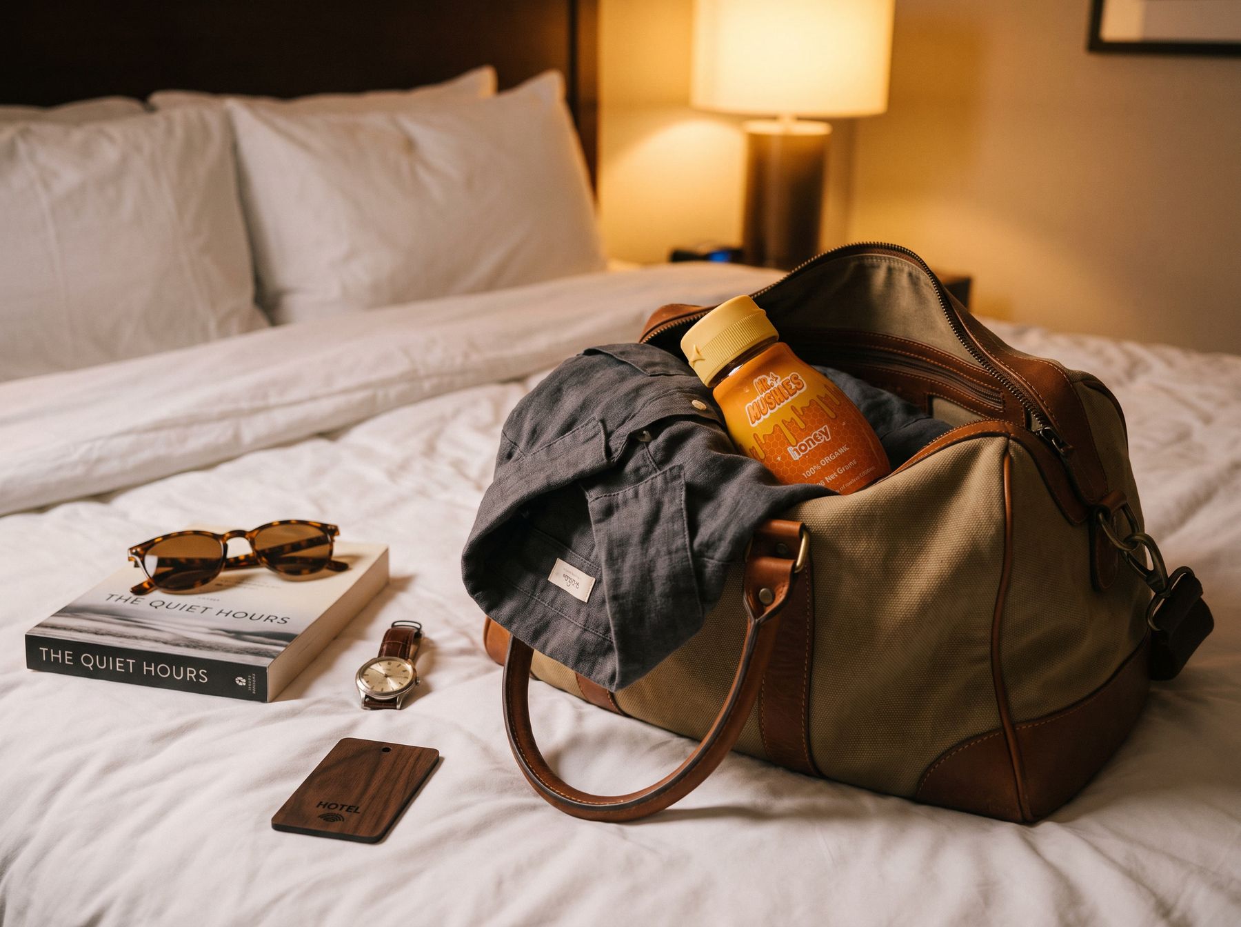 Mr. Mushies Honey packed in a weekend bag on a hotel bed