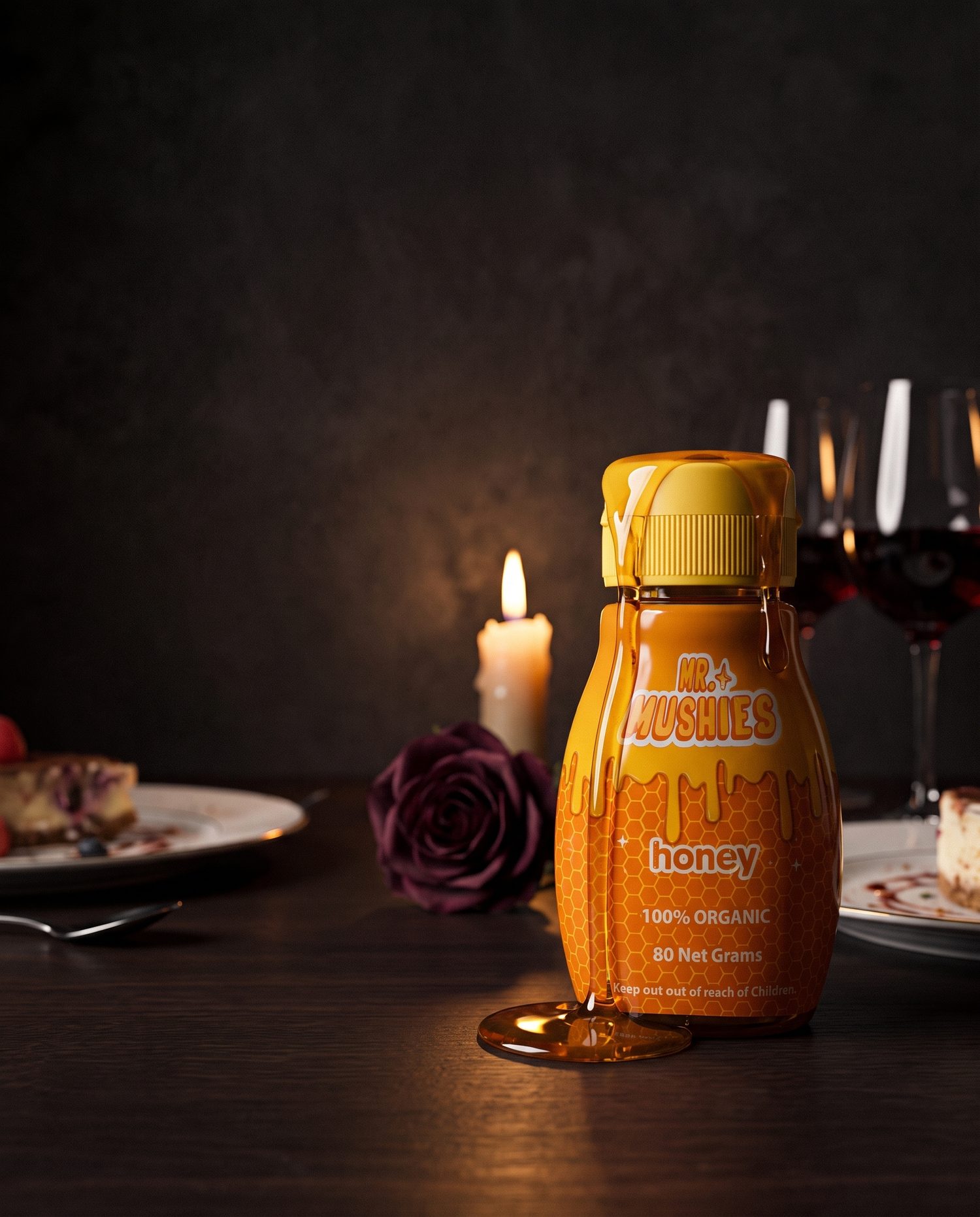 Mr. Mushies Honey bottle dripping with honey on a candlelit dinner table with wine and a rose