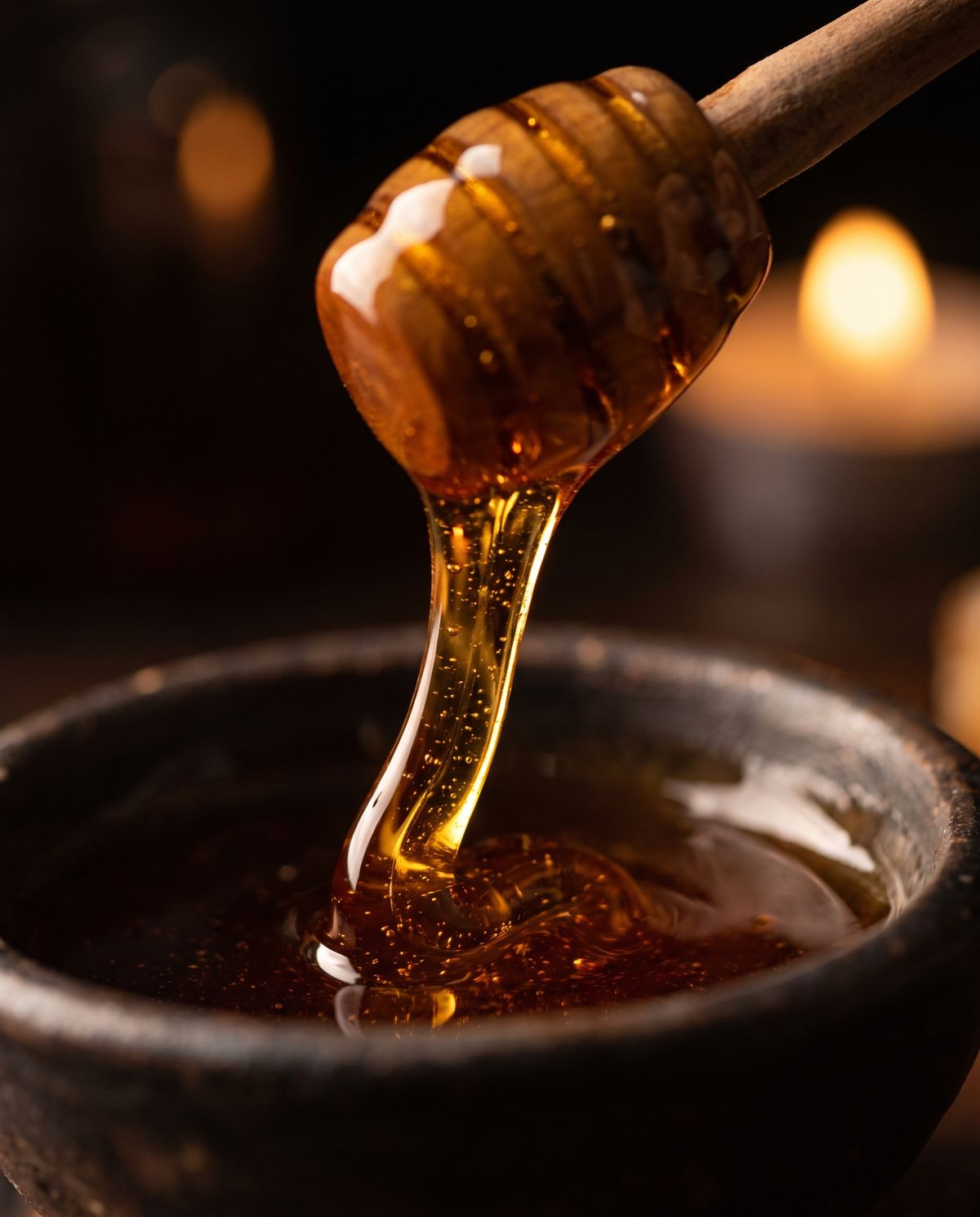 Thick golden honey pouring from a wooden dipper into a dark bowl by candlelight
