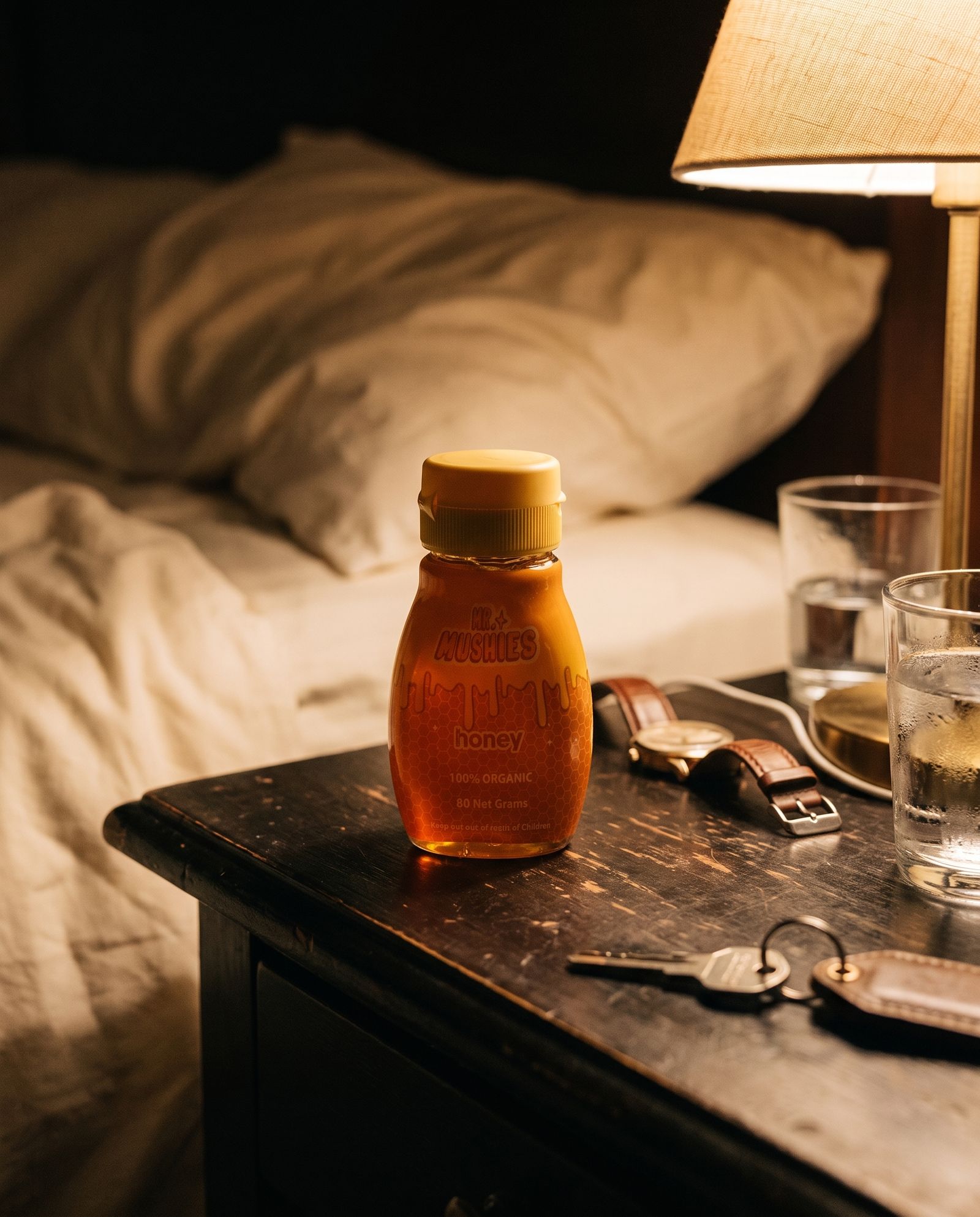 Mr. Mushies Honey on a bedside table beside a watch, keys and two glasses of water