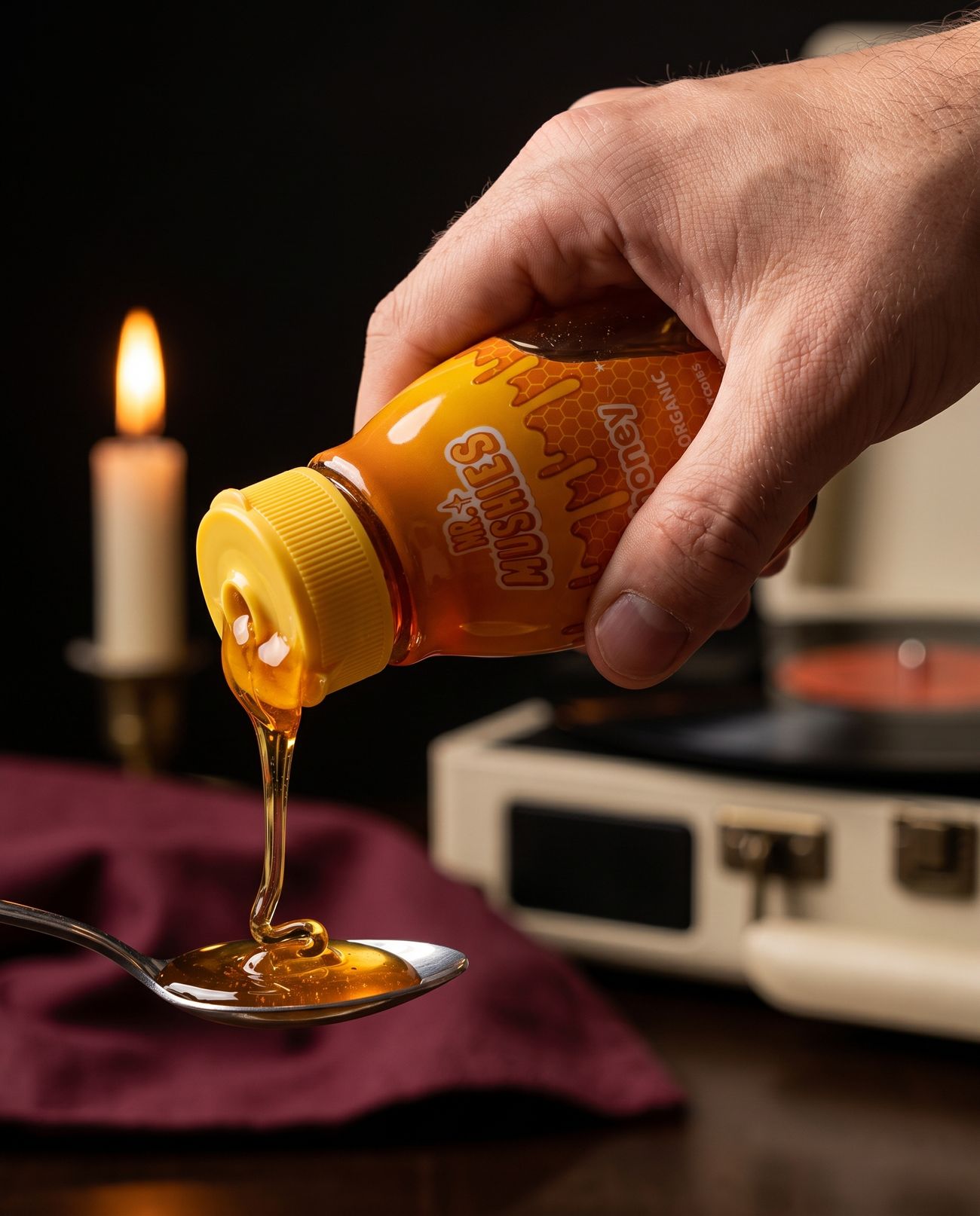 Hand pouring Mr. Mushies Honey onto a spoon beside a record player and candle