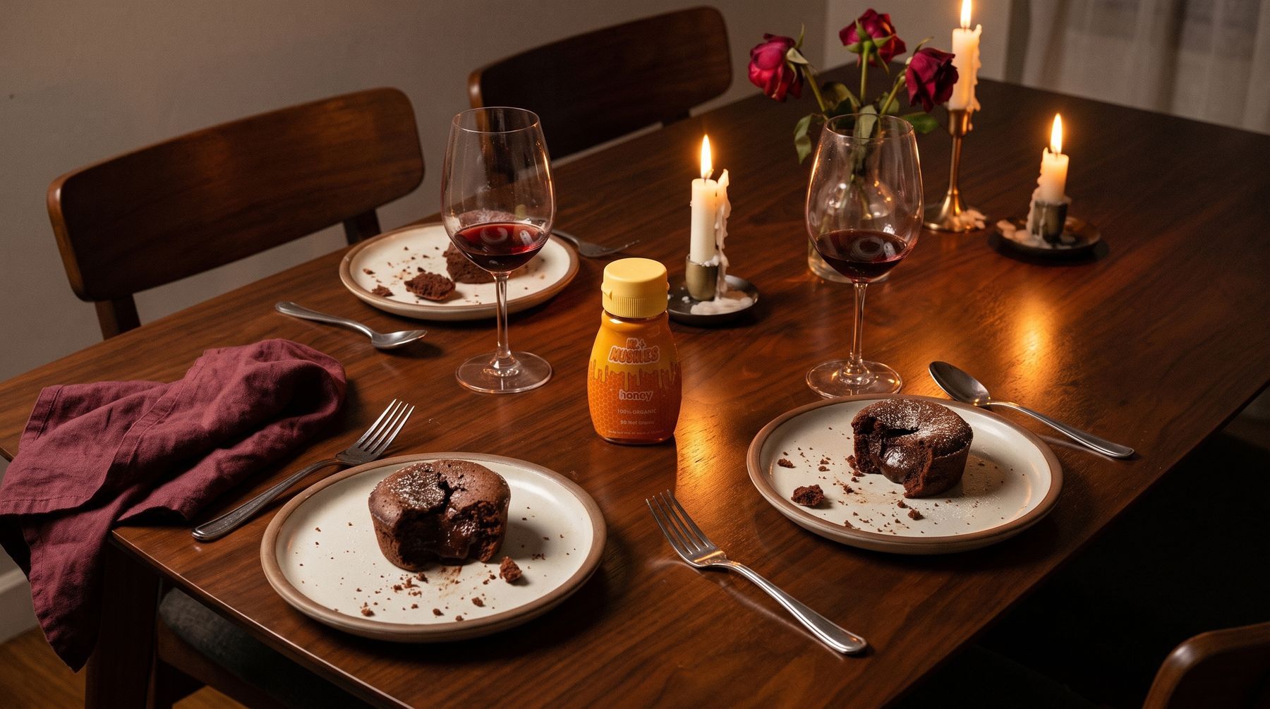 Overhead view of a finished candlelit dessert table with wine, lava cakes and the honey bottle
